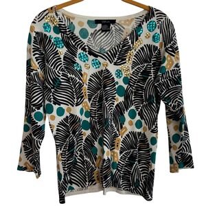 CDP‎ & Co Women's Printed Sweater 3/4 Sleeve Embellished V-Neck Top M